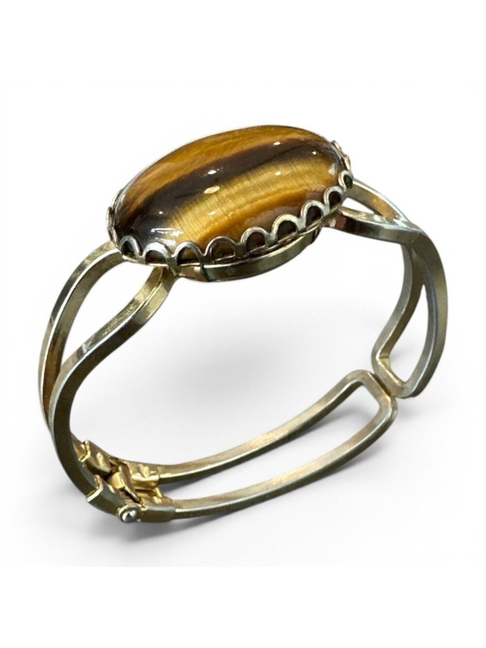 Vintage Gemstone Tigers Eye Hinged Bracelet Gold Tone Art Deco
